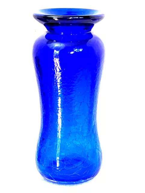 Vintage Blue Crackle Art Glass Vase 5-3/4" Tall Signed