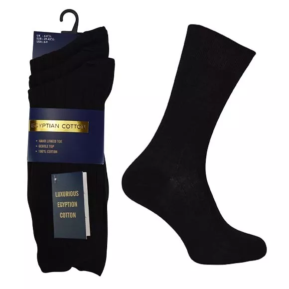 Mens 100% Egyptian Cotton Socks | 6 Pairs | Seamless Black Socks in 3 Sizes