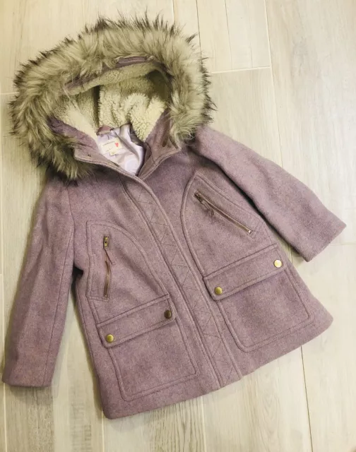 J Crew Girls Crewcuts Chateau Parka Coat Wool Blend Faux Fur Hood Pink Size 6/7