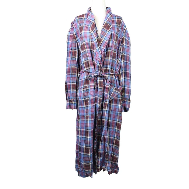 Vintage 70s Men's Blue and Red Plaid Cotton Blend Robe M