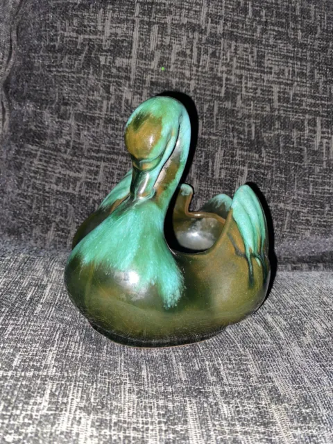 Vintage Blue Mountain Pottery Canada Green Swan Posy Holder Vase 2