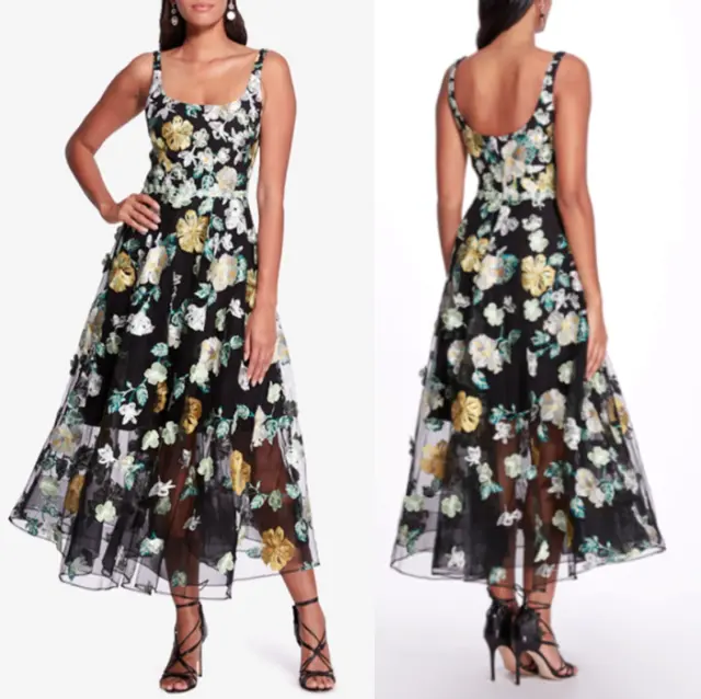 MARCHESA NOTTE Floral 3-D Appliqués Embroidered Tea Length Gown sz 4 $895