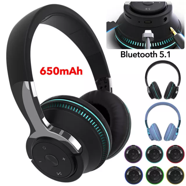 Wireless Bluetooth 5.1 Headphones Over Ear LED Headset Stereo Noise Cancelling