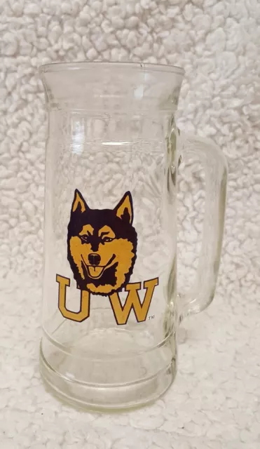 UNIVERSITY OF WASHINGTON Vintage Clear GLASS MUG w Logo - UW - 7"