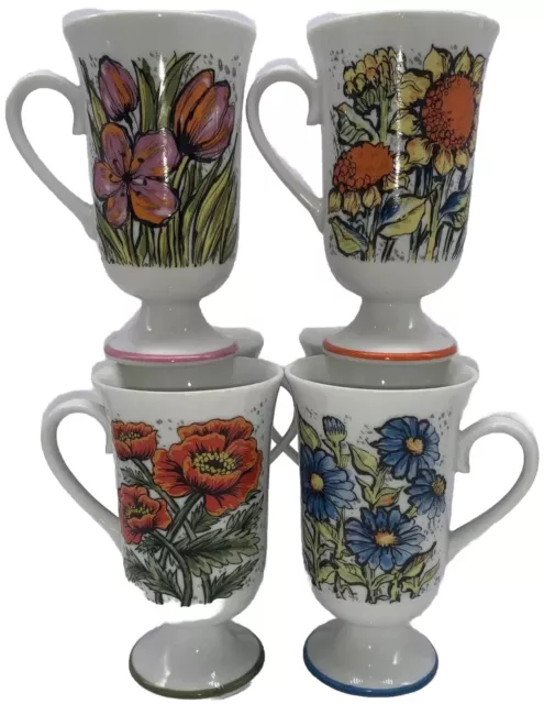 6 Flowers Irish Pedestal Mugs Coffee Tulip Daisy Poppy Sunflower Vintage Spring