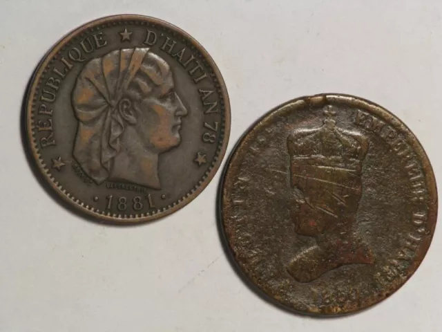 HAITI  1850 6 1/4 Centimes & 1881 2 Centimes - Lot of 2 Coins