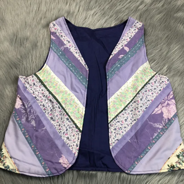 Vintage 1970s Girls Handmade Purple Floral Patchwork Boho Vest