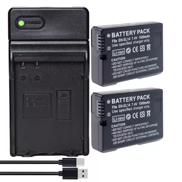 2x EN-EL14A EN-EL14 Battery +Slim Charger For Nikon D3100 D3200 D5100 D5200 DF