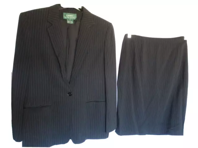 Ralph Lauren Women Suit 2pc (Jacket sz 8) (Skirt sz 10 ) Pinstripe dk gray rayon