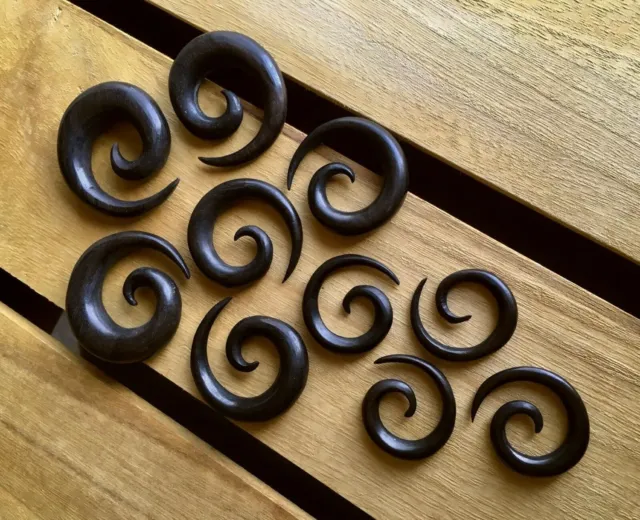 PAIR Black Areng Wood Spiral Tapers Organic Plugs Tunnels Earlets Gauges