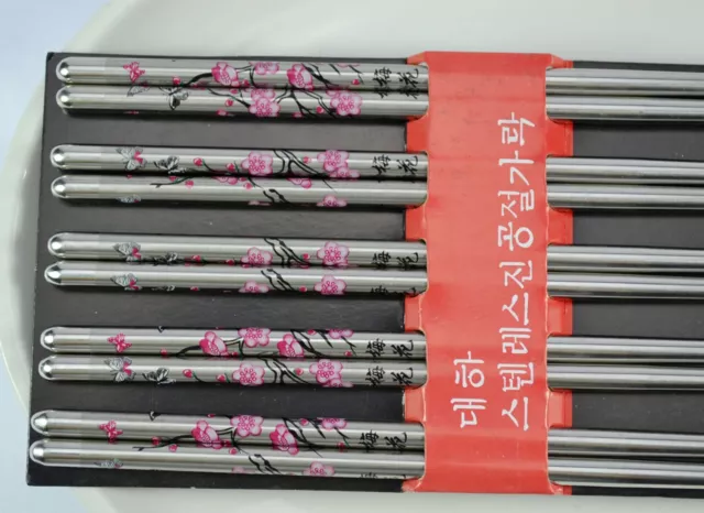 Plum Blossom Theme Durable Stainless Steel Chopsticks Gift 5 Pairs Deluxe Kit 2