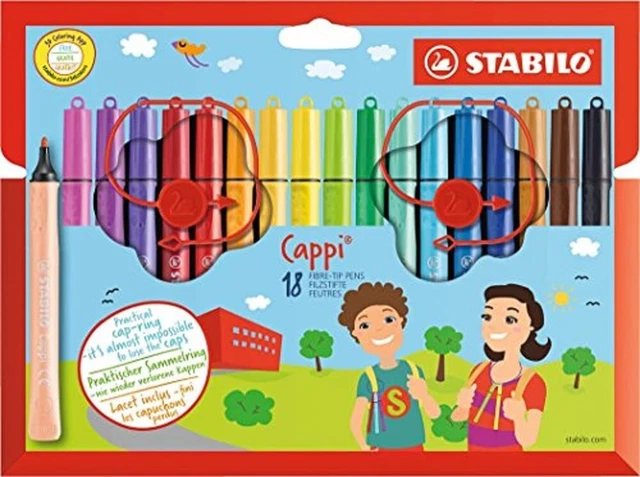 Fibre-Tip Pen with Cap-Ring - STABILO Cappi - Pack of 18 - Assorted Colours + 2