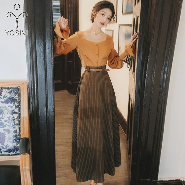 YOSIMI Shirt Skirt Set 2020 Spring Long Sleeve Blouse Top and Striped Skirt