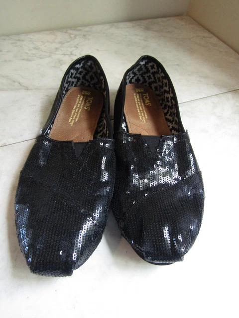 Toms Black Sequin Sparkle Textile Slip On Espadrille Casual Shoes Women's 8.5