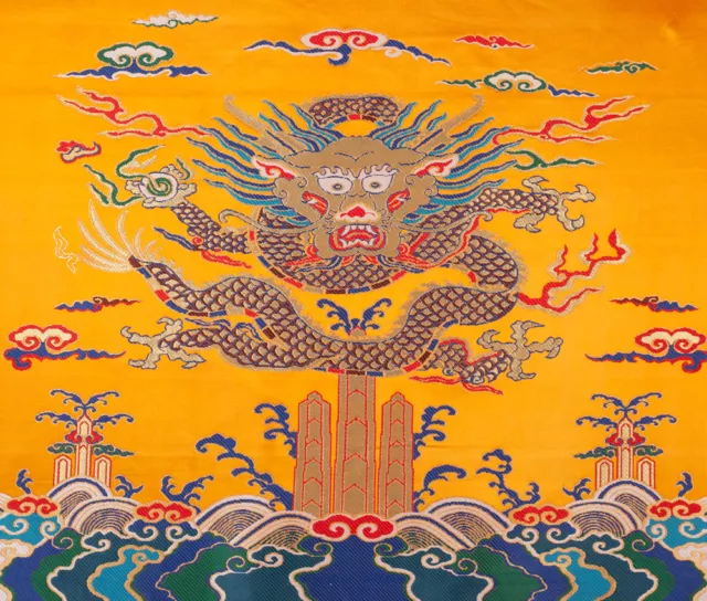 26" Oriental Silk Damask Brocade Embroidery Fabric Piece : Dragon Above Ocean