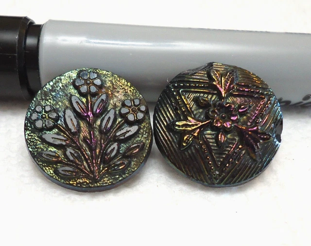Lot of 2 Antique Black Glass Picture Buttons 3/4" FLOWERS