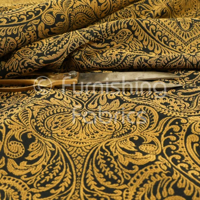 Lightweight Chenille Damask Floral Pattern Gold Colour Upholstery Curtain Fabric