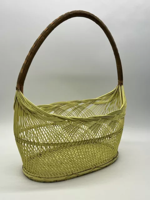 Vintage Japanese Ikebana Bamboo Basket Open Weave Reinforced Handle Pale Yellow 3