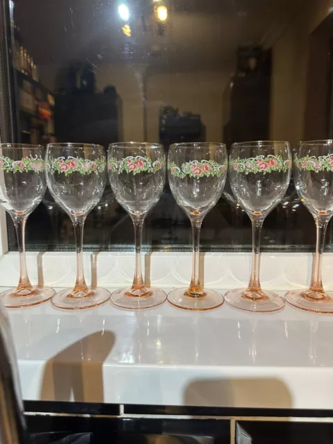 Beautiful French 6x Luminarc Pink Blush Glass Stemmed Wine Glasses With Roses.EC