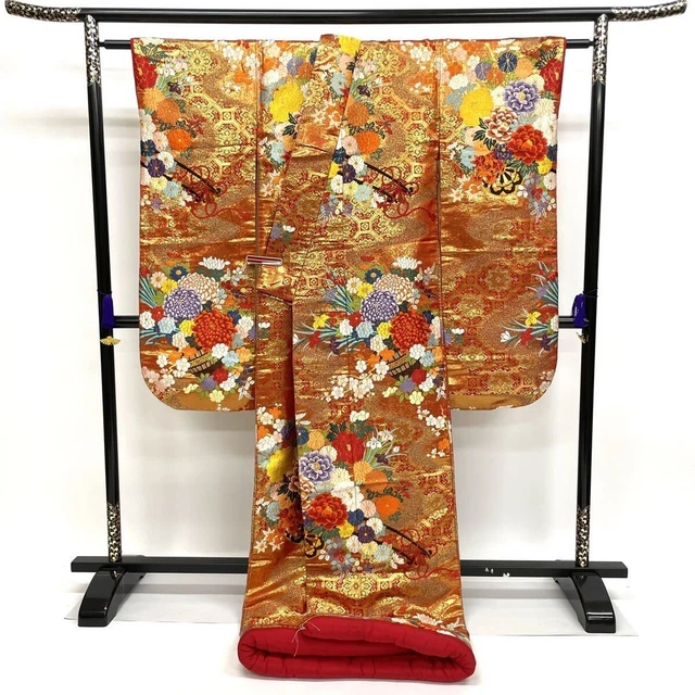 Japanese Kimono Uchikake Luxurious Wedding Embroidery Pure Silk Flower Red K460 2