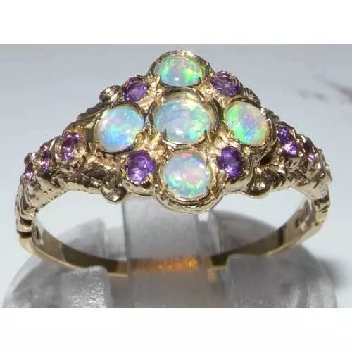 Luxury 9ct Yellow Gold Opal & Amethyst English Cluster Ring