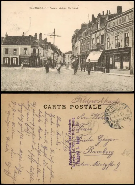 CPA  Haubourdin Place Sadi-Carnot., Cafe 1917  gel. div. Feldpoststempel