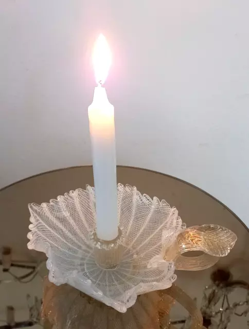 Elegante candelabro antico vetro lavorato filigrana reticelo vintage candlestick