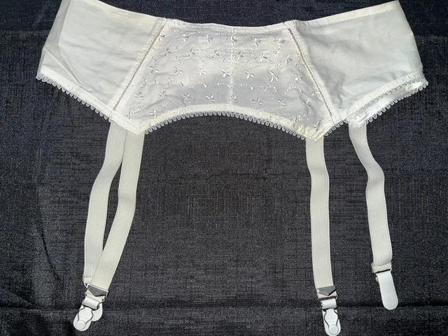 Vtg NOS 60s Garter Belt High Waist Metal Clip Ivory Daisy Embroidery S M 30 32"