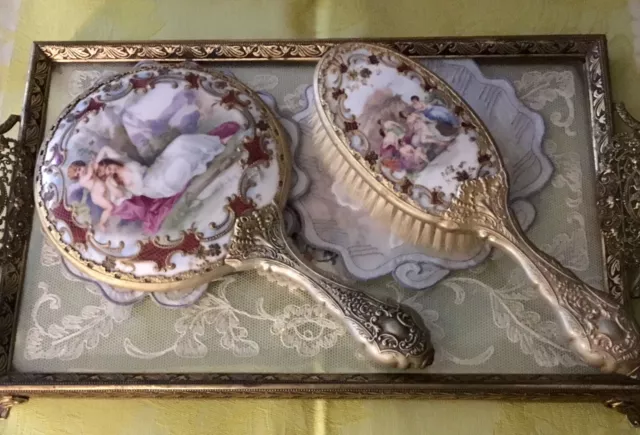 Victorian Sevres Style Silver Porcelain Gilt Mirror/Brush Set EUC Free Shipping