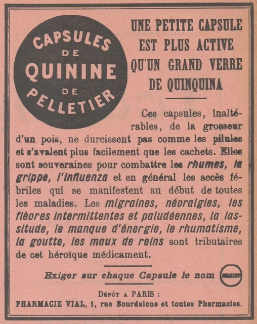Z8007 Capsules de Quinine de Pelletier - Vintage advertising - 1905 Old advert