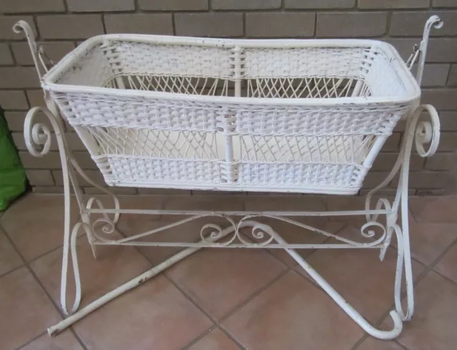 VINTAGE PAINTED CANE/WICKER BABY BASSINET/CRIB with WROUGHT IRON STAND-P/U 3150