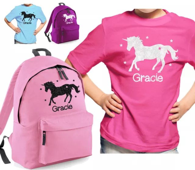 Childrens Personalised Glitter Unicorn T-Shirt Horse Or Backpack Riding Gift