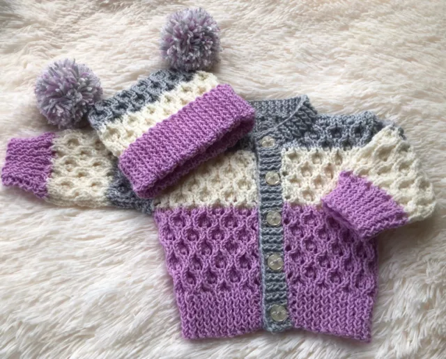 hand knitted baby cardigan and hat set suit 0-3 months