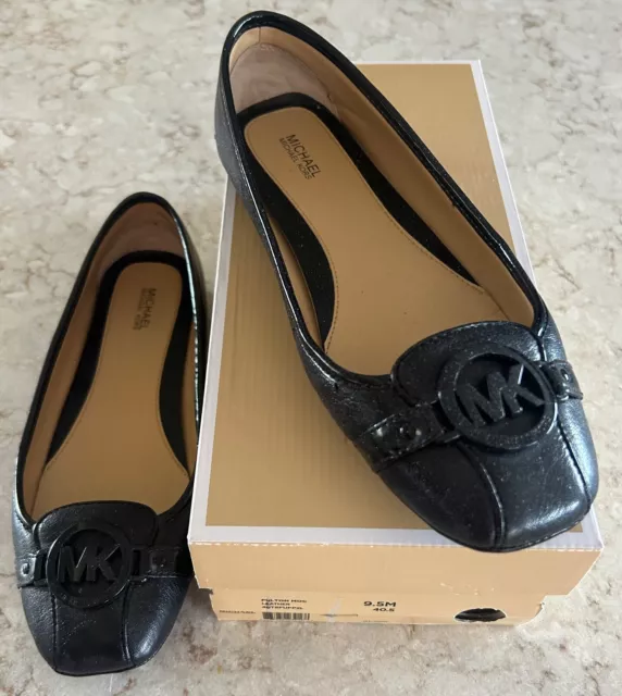 Michael Kors Fulton Black Leather Flats Sz 9.5 Shoes Loafers Slip Ons