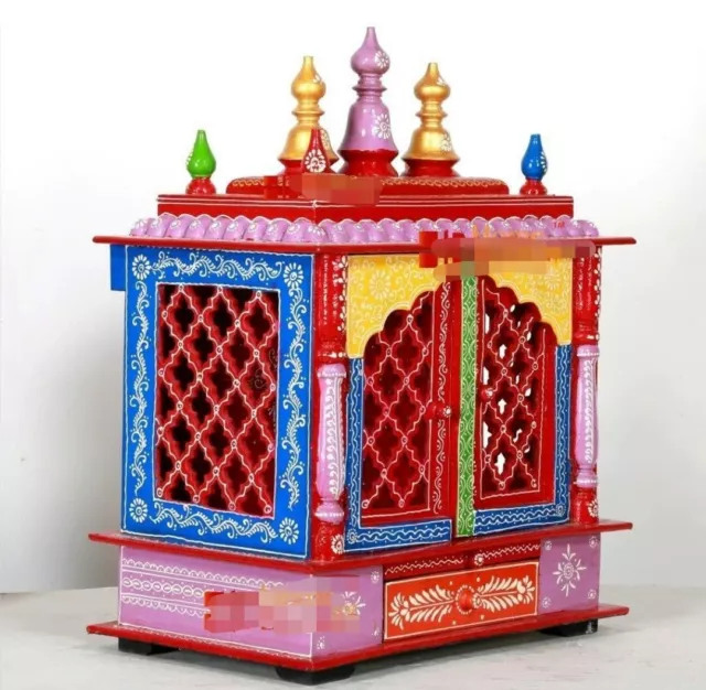 Home Mandir Hand Carved Wooden Temple Worship Mandapam Hand Painted Pooja Ghar