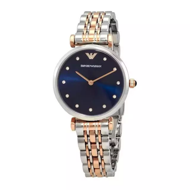 Emporio Armani Gianni T-Bar Silver Rose Gold Blue Crystal Women's Watch AR11092