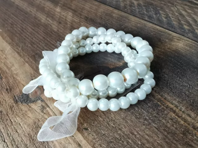 Faux Pearl Bracelet Set Of 3 white cream Beaded Bangle Elasticated stretch