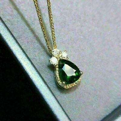 2.20Ct Pear Cut Green Emerald Lab-Created Tear Drop Pendant 14k Yellow Gold Over