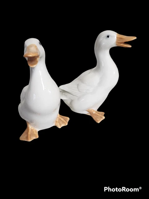 Vintage Otagiri Porcelain Birds Duck Geese Figurines Set 2 White Orange Decor
