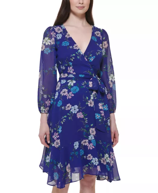 JESSICA HOWARD Fit & Flare Dress Size 14 Royal Blue Floral Handkerchief Hem NWT 2