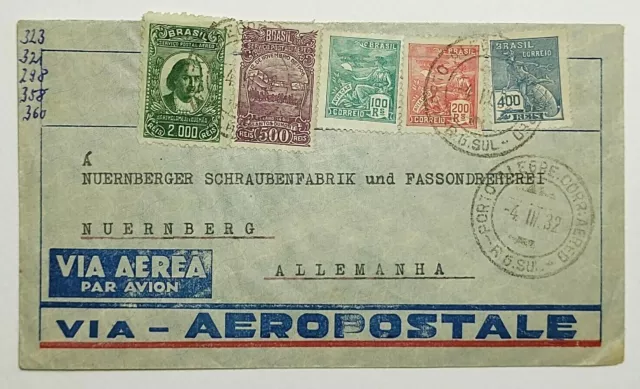 1932 Porto Allegre Brazil AirMail Cover to Nuremburg German SC#323-321-251+