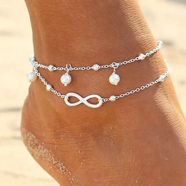 Fußkettchen Fußkette Fuss Kette Modeschmuck Silber Infinity Unendlichkeit Perlen