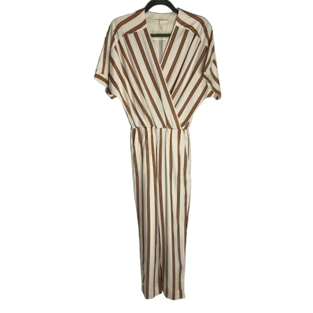 Maje Pieni Striped V Neck Twill Jumpsuit Straight Brown White Leg-sz 38 (Small)