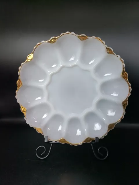 Fire King -white  Milk Glass Deviled Egg Plate - Gold Trim