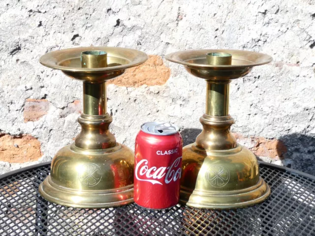 Pair Ecclesiastical Brass Candlesticks with Chi Rho Christogram 8" tall