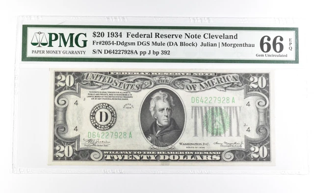 PMG 66 Gem Unc EPQ 1934 $20 Cleveland, OH US FRN Green Seal Fr#2054-Ddgsm *0948