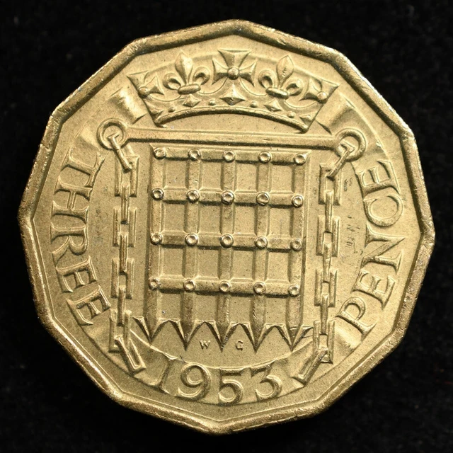 Great Britain 3 Pence 1953, Coin, Km# 886, Elizabeth Ii, Portcullis, Inv#E166