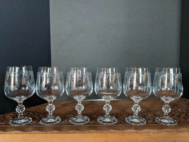 CASCADE BOHEMIA Czech Etched Crystal Stemware Goblet Wine Set of 6 Beauty