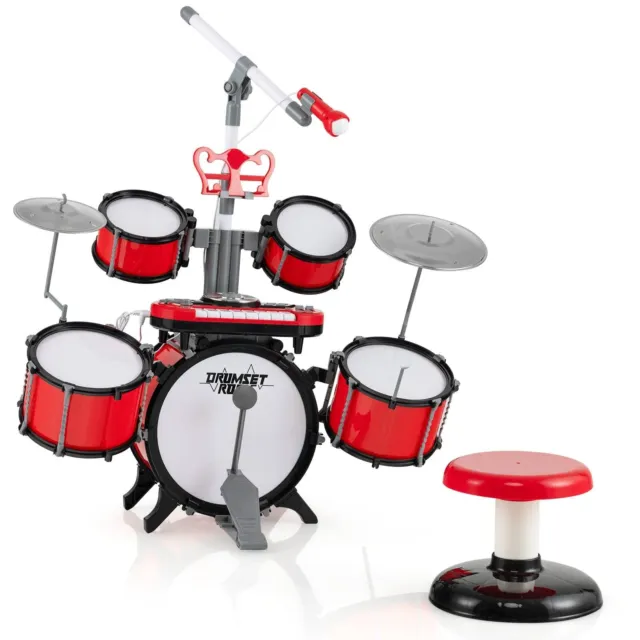Kids Drum Kit, Toddler Jazz Drum Set with Stool, 8-key Keyboard, Microphone and