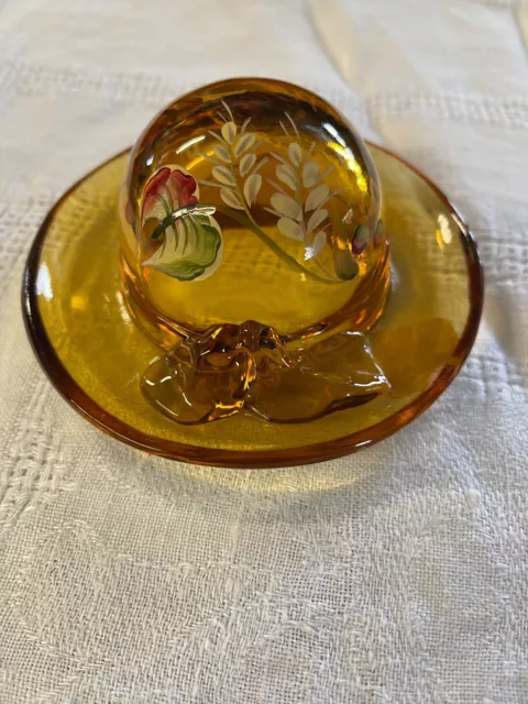 Fenton Glass Autumn Gold Hand Painted  Ladies Round Hat  Signed